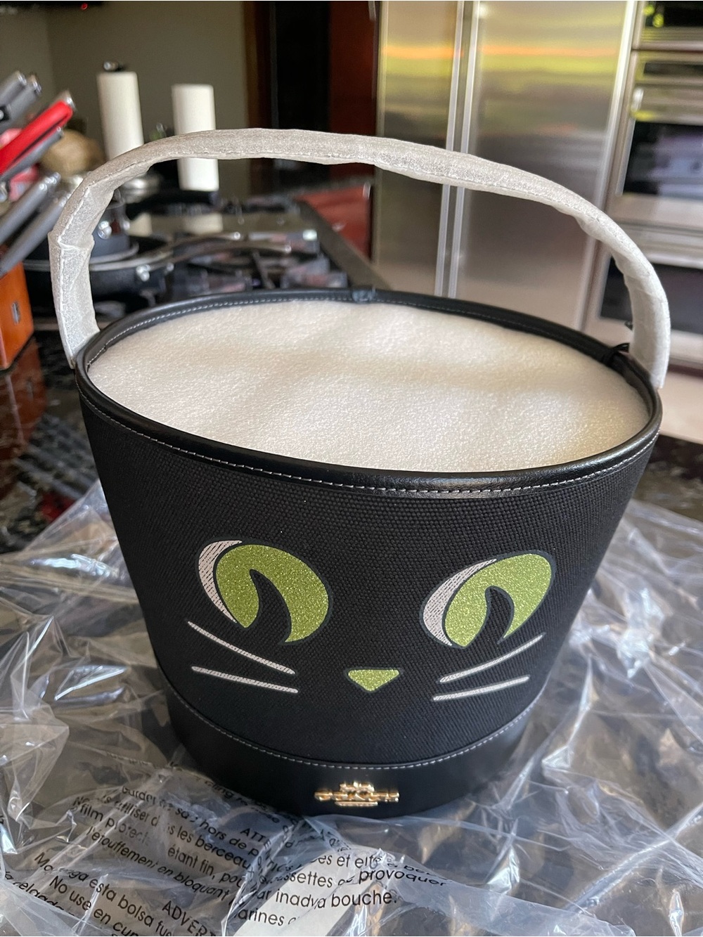 Coach New Black Cat Halloween Bucket Bag with Green Eyes
